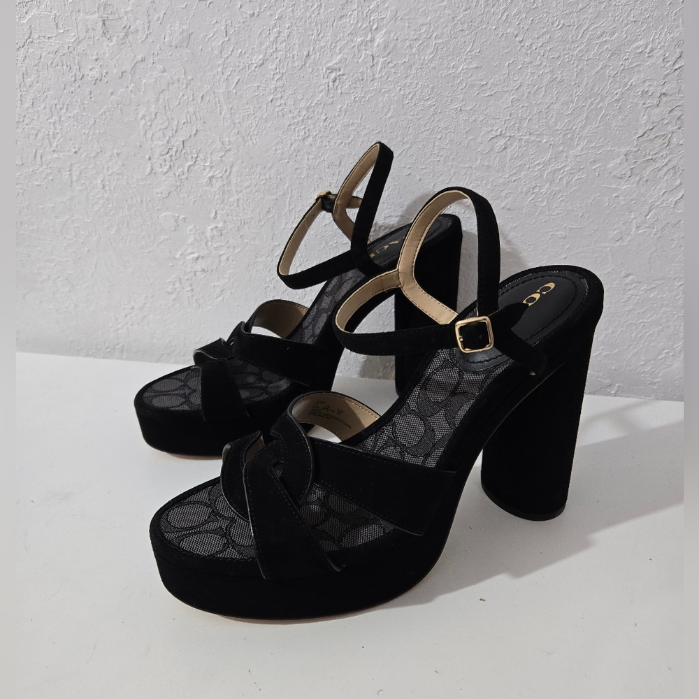 Coach Talina Black Suede Platform Sandal Block Heels Women's Size 9.5